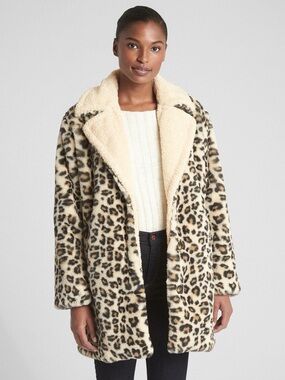 GAP Leopard Faux Fur Teddy Coat - Cream & Black
